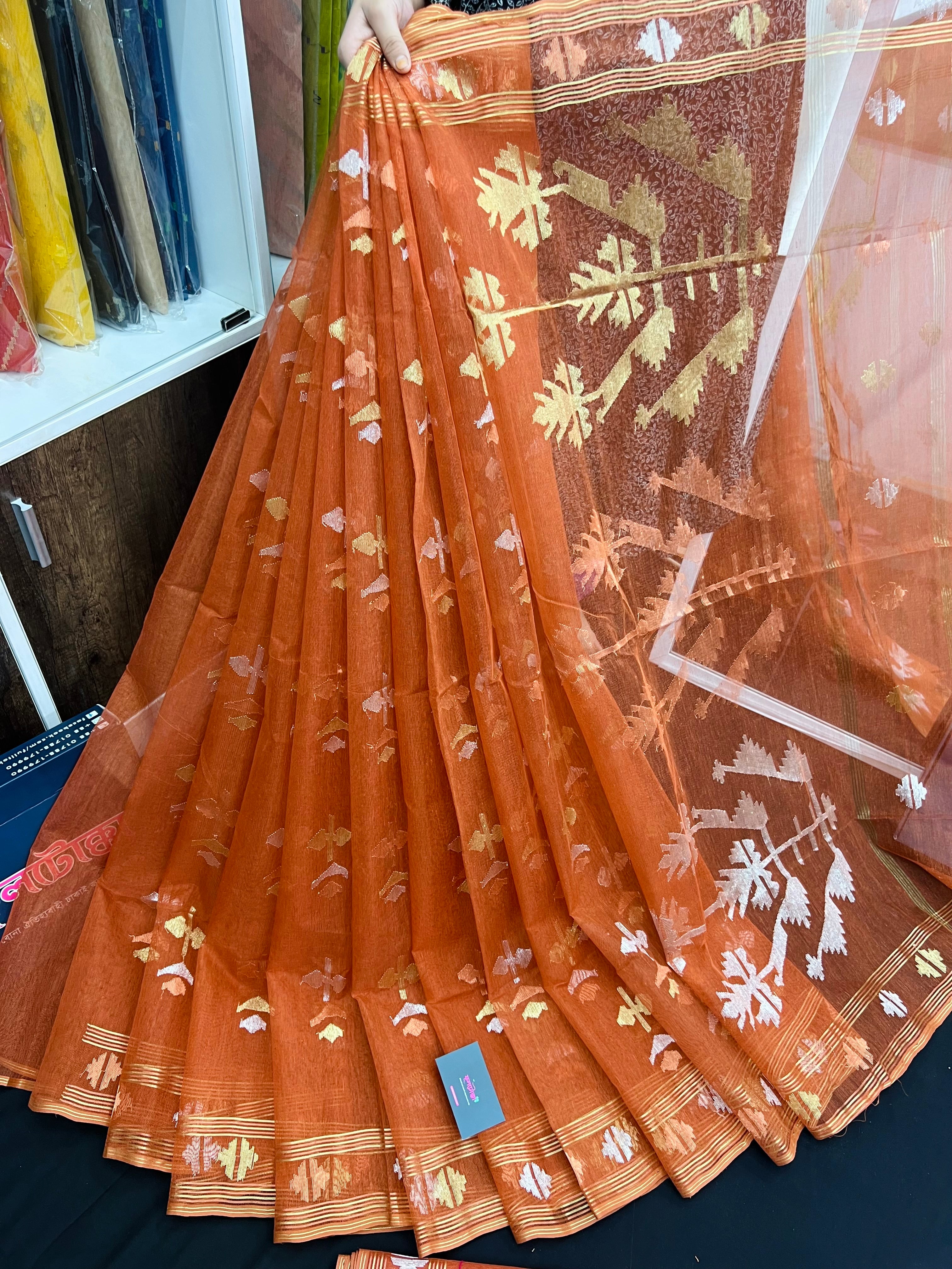 Brick orange halfsilk handloom original dhakai Jamdani saree with golden silver & copper jori work