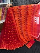 Maroon red jamdani saree with orange and red threads work