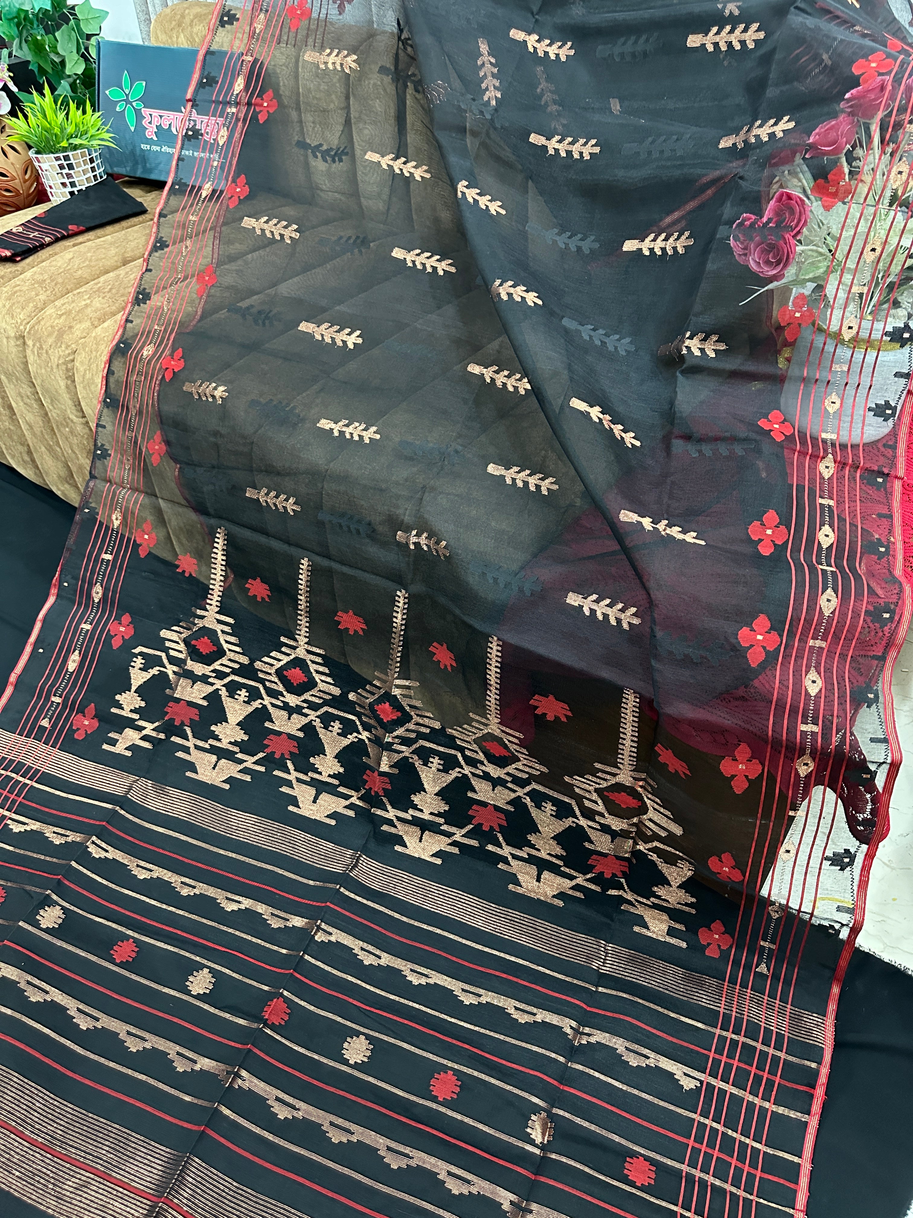 BLACK WITH RED BORDER JAMDANI