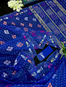 Blue jamdani saree with golden silver & copper jori work also pink jori work
