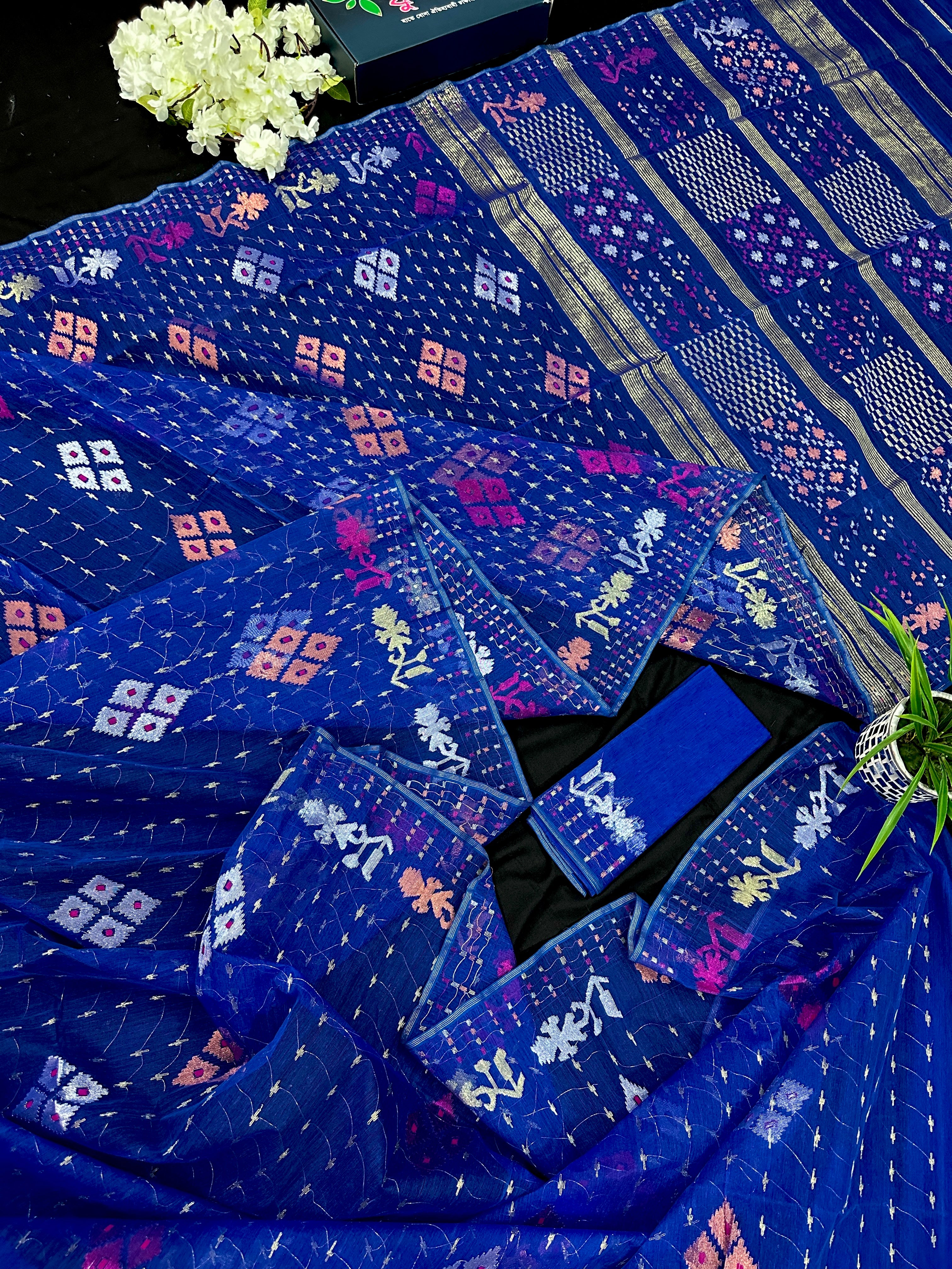 Blue jamdani saree with golden silver & copper jori work also pink jori work