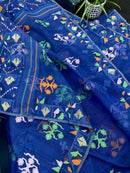Royal blue jamdani saree with green pink blue orange threads work.