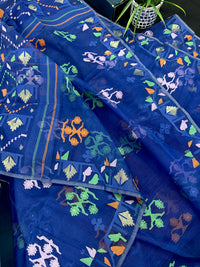 Royal blue jamdani saree with green pink blue orange threads work.
