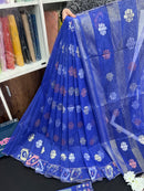 Royal Blue Original Handloom Dhakai Jamdani Saree With Golden Silver & Copeer Jori Work