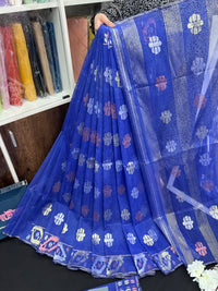 Royal Blue Original Handloom Dhakai Jamdani Saree With Golden Silver & Copeer Jori Work