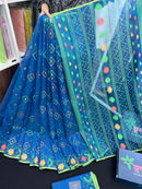 Sea Green Original Handloom Dhakai Jamdani With Orange Green & Yellow Threads Work