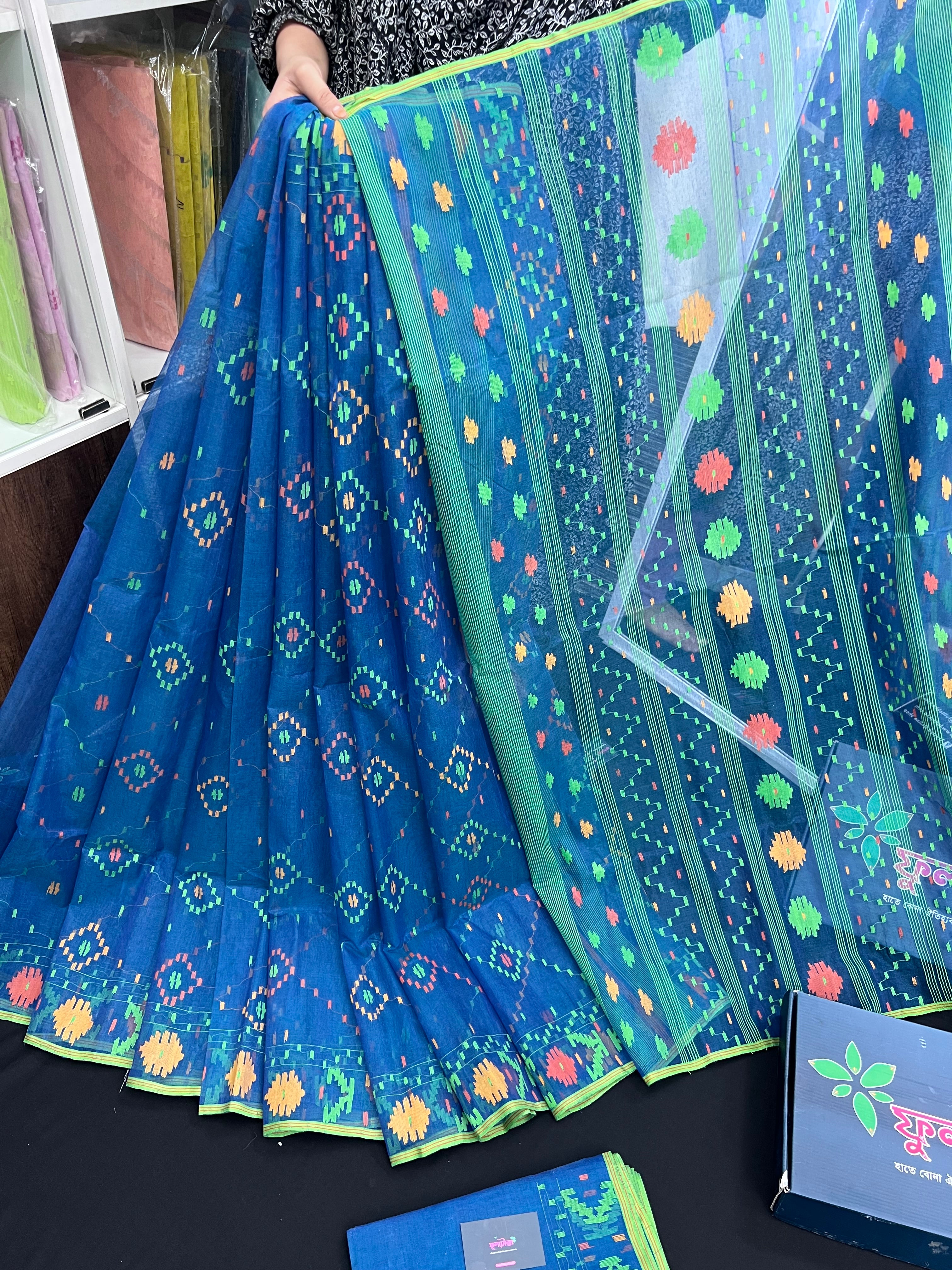 Sea Green Original Handloom Dhakai Jamdani With Orange Green & Yellow Threads Work