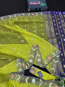 Olive halfsilk jamdani saree with golden silver & copper jori work and blue contrast paar