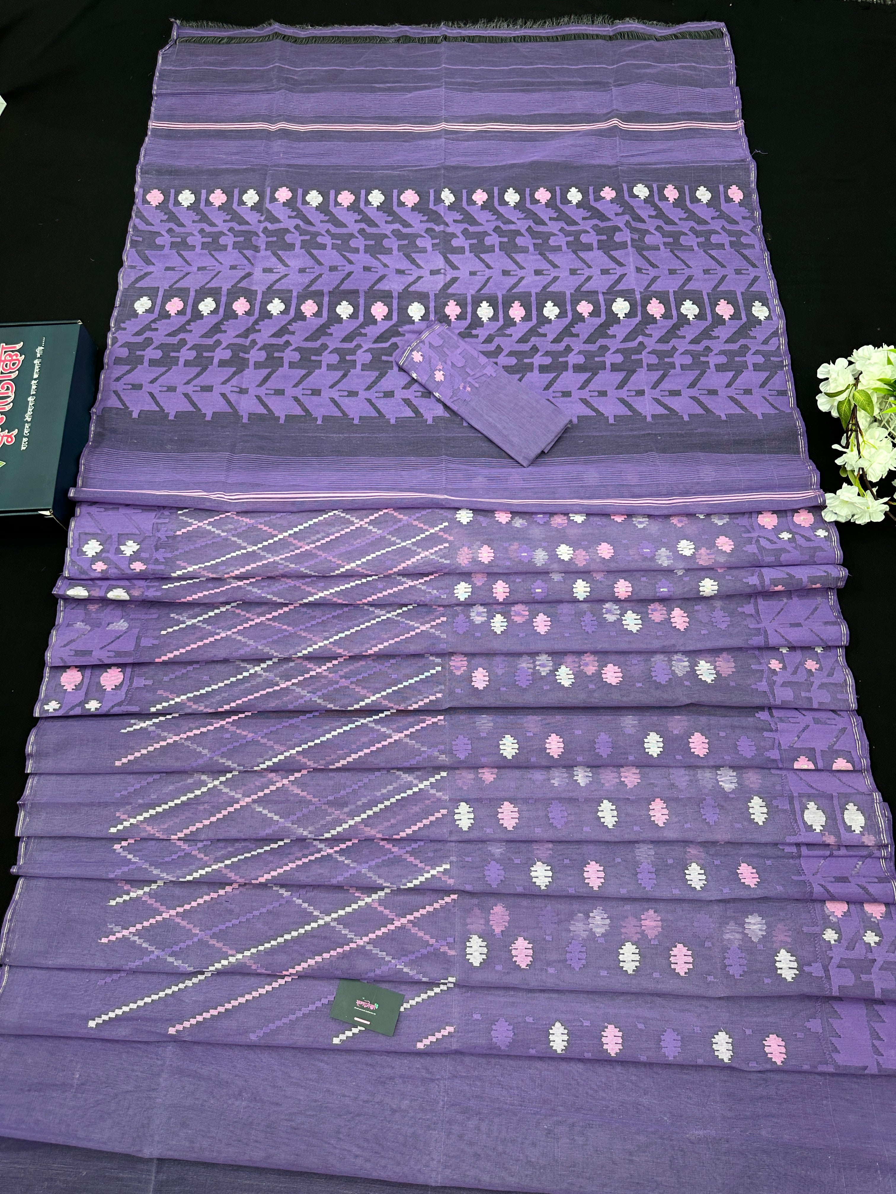 Deep Lavender Original Handloom Halfsilk Dhakai Jamdani Saree With Multiple Threads Work