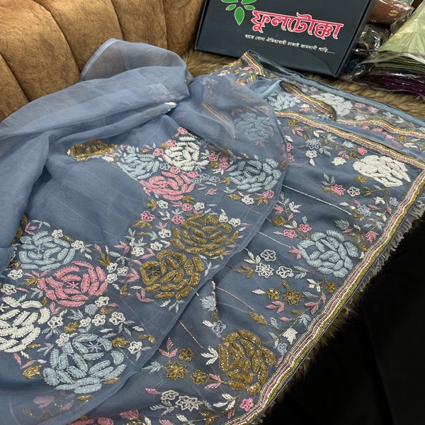 Ash Pure Muslin Saree