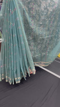 Surma ash halfsilk jamdani saree with golden silver & copper jori work and pink meena work