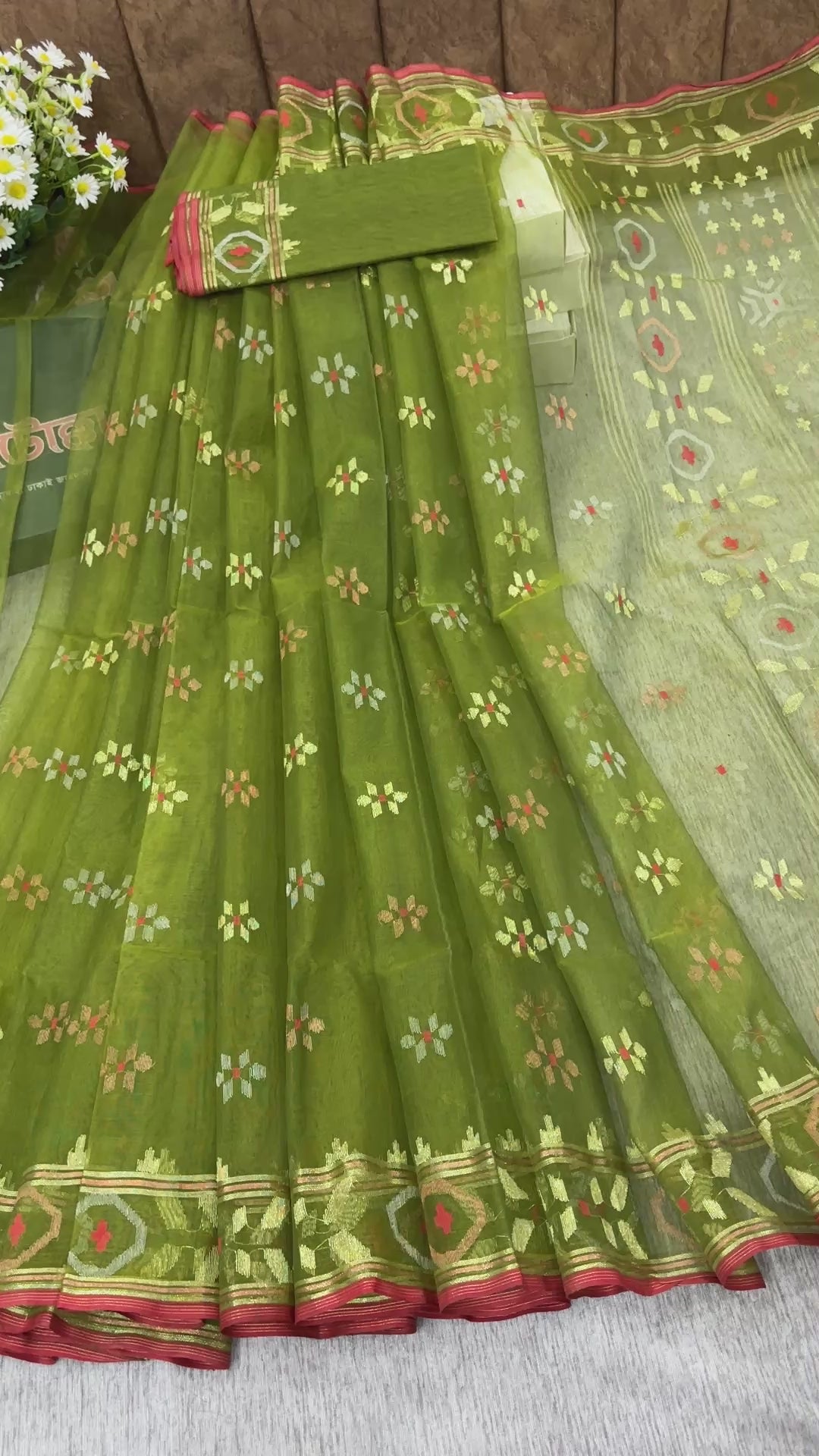 Olive green halfsilk handloom jamdani saree with golden silver & copper jori work