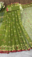 Olive green halfsilk handloom jamdani saree with golden silver & copper jori work