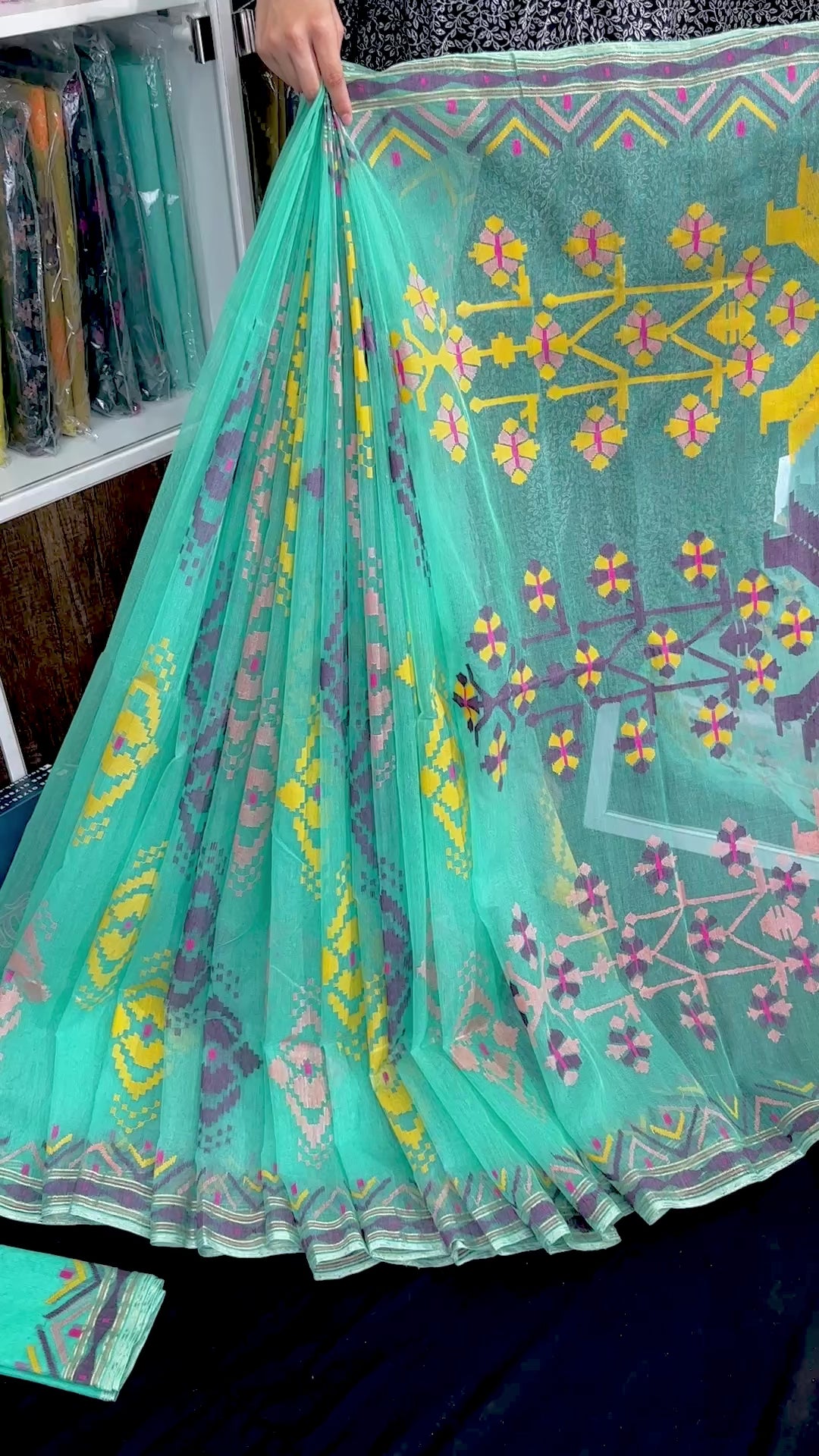 Turquoise blue exclusive halfsilk jamdani saree with yellow pink purple golden threads work