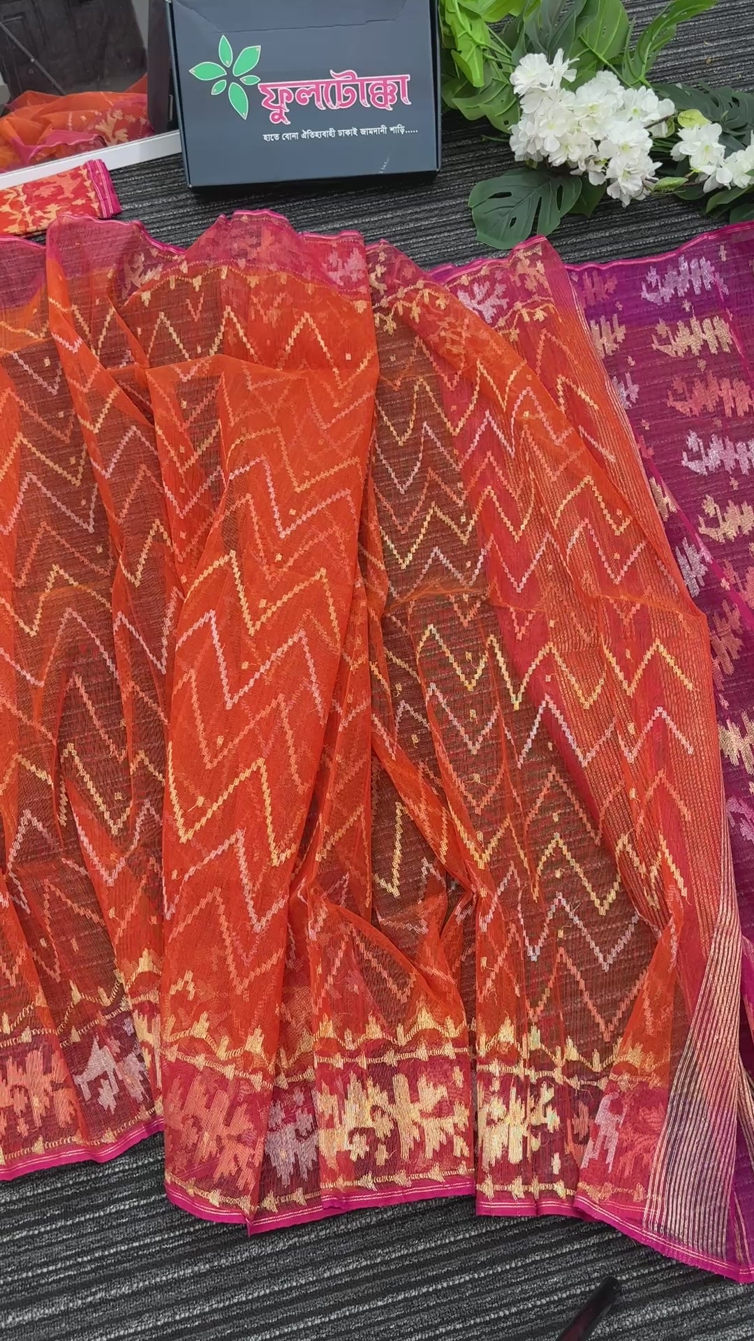 Orange halfsilk jamdani saree with pink paar