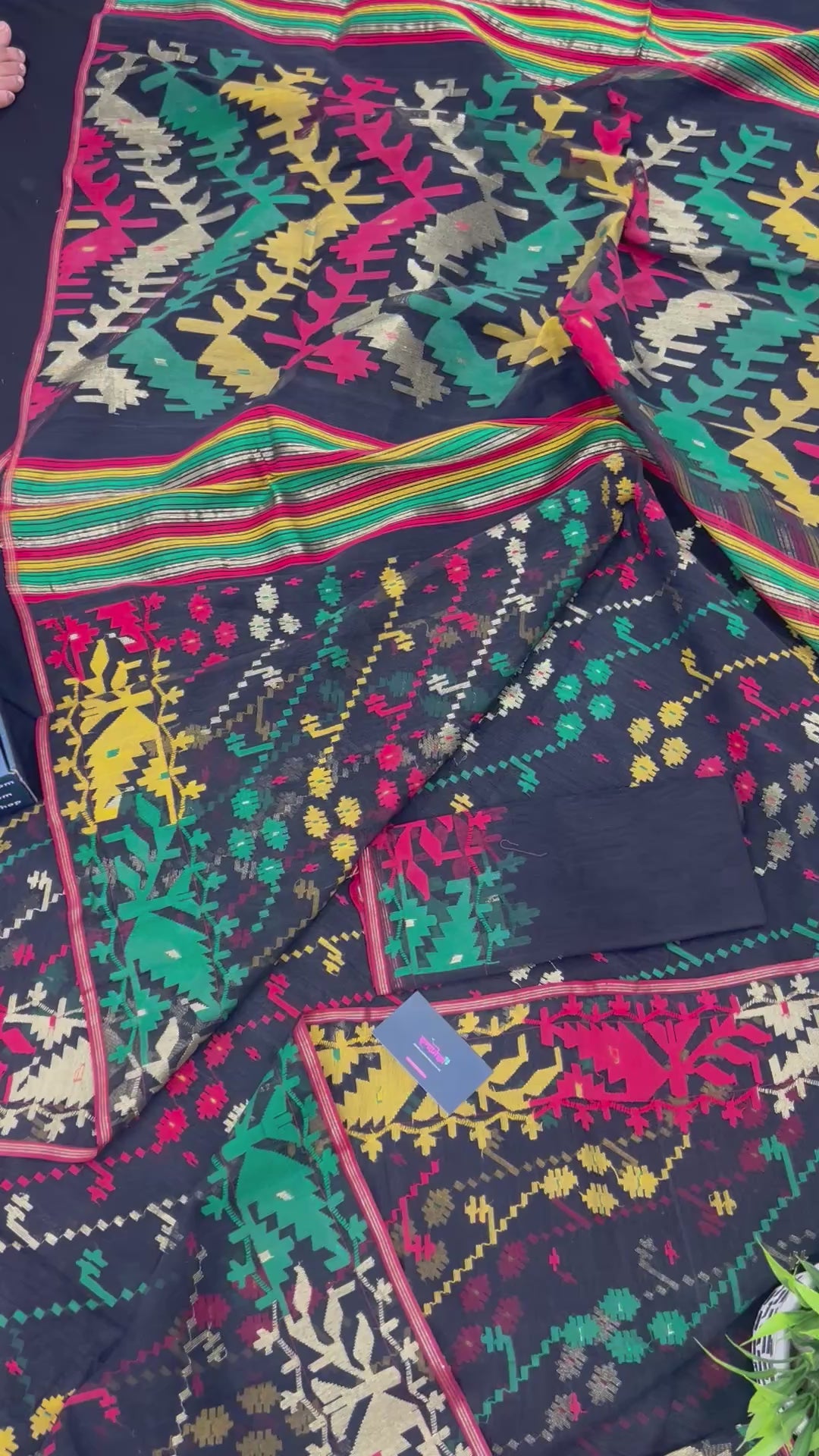 Black cotton jamdani saree with red green yellow multiple threads work