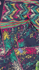 Black cotton jamdani saree with red green yellow multiple threads work