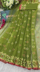 Olive green halfsilk handloom jamdani saree with golden silver & copper jori work