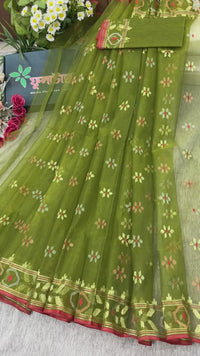 Olive green halfsilk handloom jamdani saree with golden silver & copper jori work