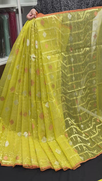 Yellowish Olive Original Handloom Halfsilk Dhakai Jamdani Saree With Golden Silver & Copper Jori Work