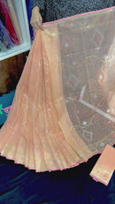 Peach colour halfsilk jamdani saree with golden silver & copper jori work