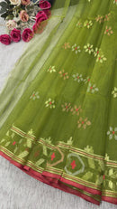Olive green halfsilk handloom jamdani saree with golden silver & copper jori work