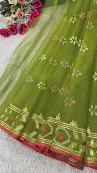 Olive green halfsilk handloom jamdani saree with golden silver & copper jori work