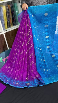 Purple halfsilk jamdani saree with golden jori work and contrast blue paar
