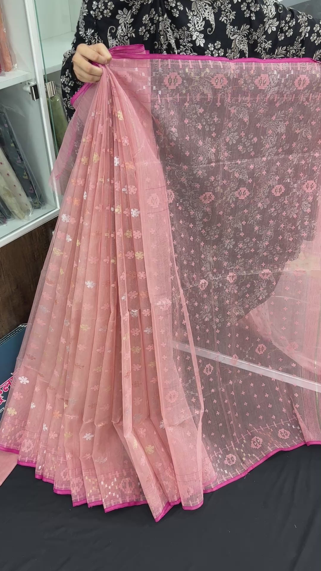 Peach colour halfsilk jamdani saree with golden silver jori work and self threads work