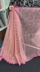 Peach colour halfsilk jamdani saree with golden silver jori work and self threads work