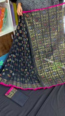 Black jamdani saree with golden silver and copper jori work and pink border