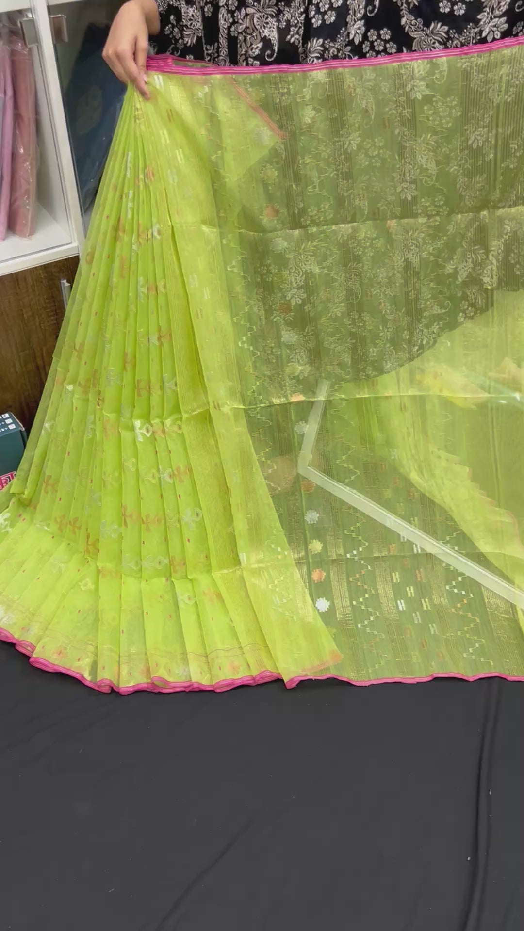 Lemon halfsilk jamdani saree with golden silver & copper jori work and pink border