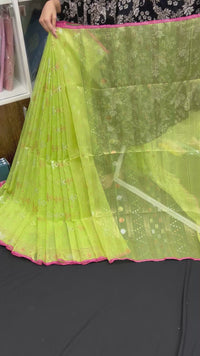 Lemon halfsilk jamdani saree with golden silver & copper jori work and pink border