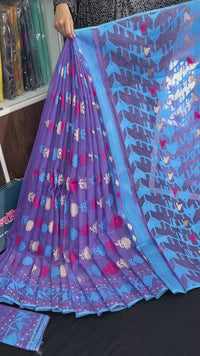 Orchid purple halfsilk jamdani saree with white pink blue threads work