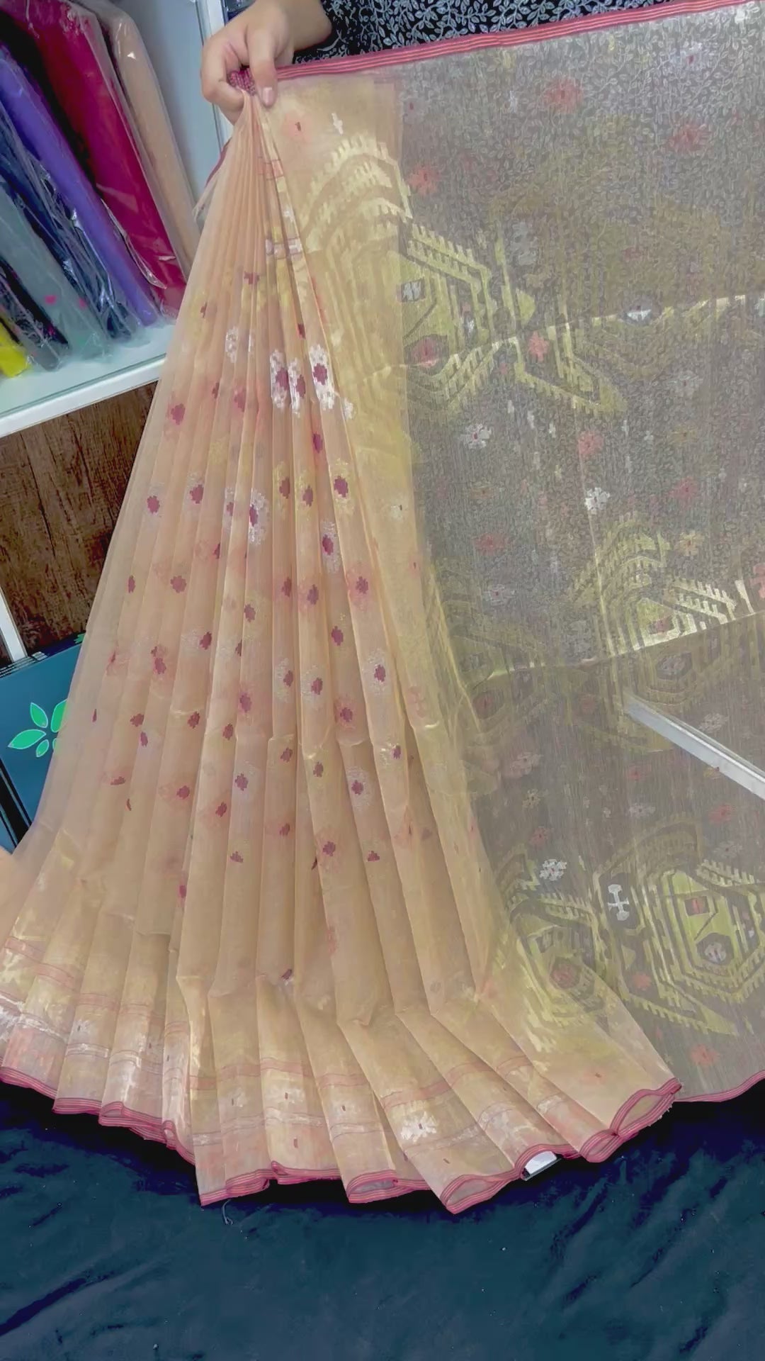 Peach Golden halfsilk exclusive jamdani saree with golden silver & copper jori work