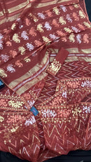 Brown reshom halfsilk jamdani saree with golden silver & copper jori work.