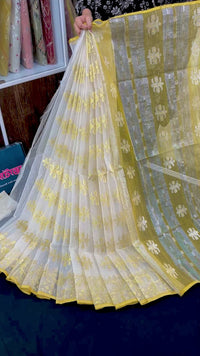 Creamy white halfsilk jamdani saree with golden jori work and blouse piece