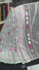 Light Blue Original Handloom Halfsilk Dhakai Jamdani Saree With Pink Blue Off White Threads Work