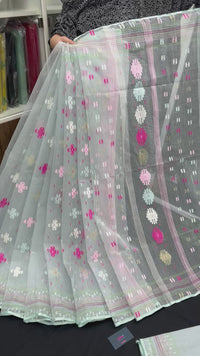 Light Blue Original Handloom Halfsilk Dhakai Jamdani Saree With Pink Blue Off White Threads Work