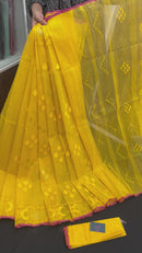 Yellow colour handloom halfsilk dhakai jamdani saree with pink border