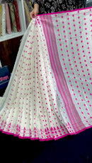 White cotton jamdani saree with pink buta and pink threads work