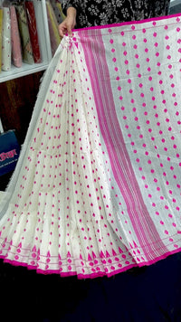 White cotton jamdani saree with pink buta and pink threads work