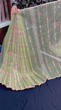 Lite olive halfsilk jamdani saree with pink blue olive threads work