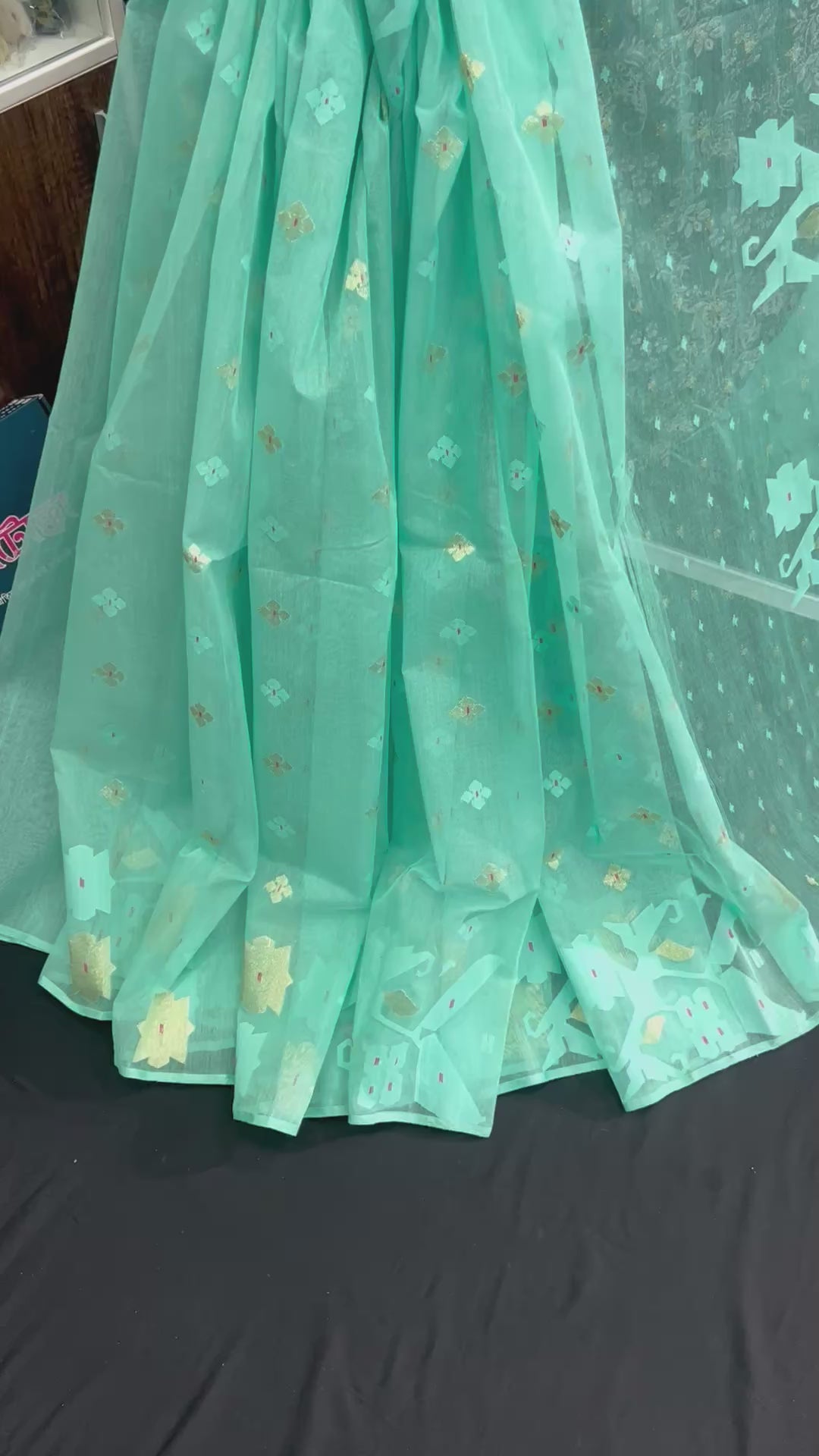 Sky blue halfsilk jamdani saree with golden jori work and self threads work