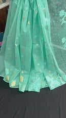 Sky blue halfsilk jamdani saree with golden jori work and self threads work