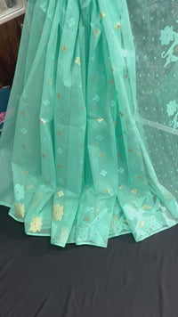 Sky blue halfsilk jamdani saree with golden jori work and self threads work