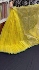 Yellow halfsilk jamdani saree with golden silver & copper jori work and self threads work