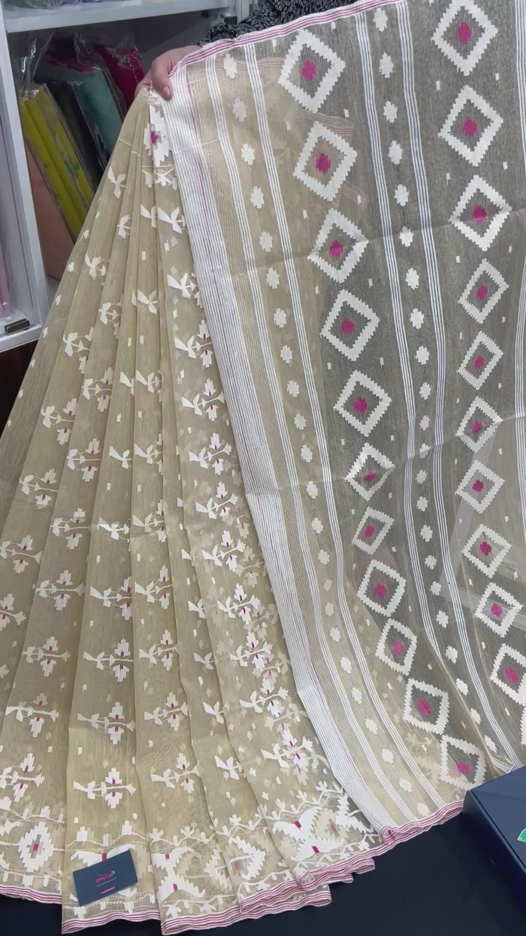 Creamy White Halfsilk Handloom Dhakai Jamdani Saree With White Thread Work & Pink Meena Work
