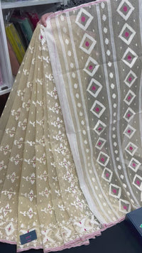 Creamy White Halfsilk Handloom Dhakai Jamdani Saree With White Thread Work & Pink Meena Work