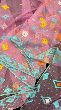 Pink jamdani saree with blue white yellow orange threads work and blouse piece.